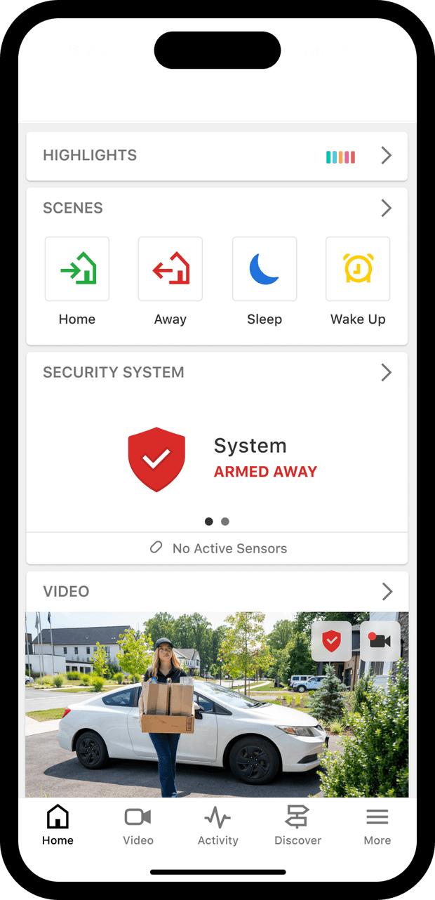 The Alarm.com app home screen showing scenes, security system status and video